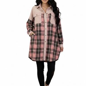 NWOT White Birch - Oversized Large Pink & Black Plaid Button Down Shirt